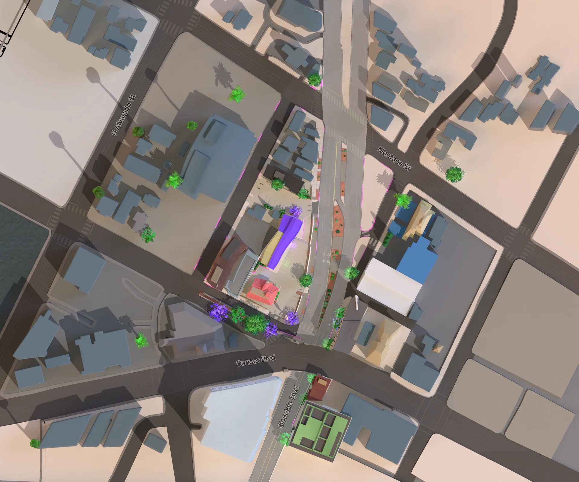 High-resolution render of a 3D model of the 1300 block of Glendale Blvd in Los Angeles, California